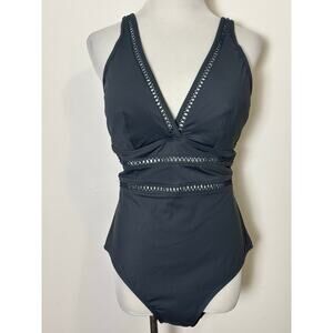 Sea Level Swim Womens One Piece Swimsuit Size 14 Lola Charcoal Black V Neck NWOT